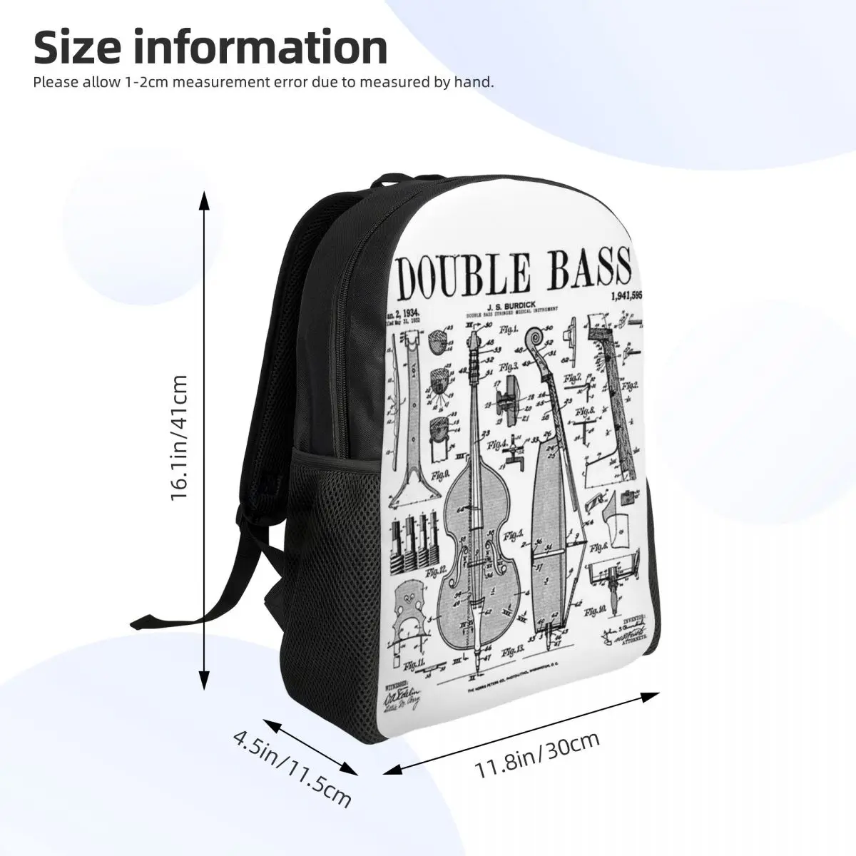 Double Bass Player Bassist Musical Instrument Vintage Patent Backpack Daypack BookBag School Bag Shoulder Bags for Men Women