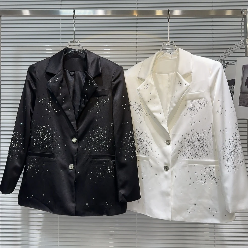 

Spring 2026 New Heavy Embellished Sequin Pattern Silk Satin Women's Suit Custom Tailoring Straight Cut Long Sleeve Single Button