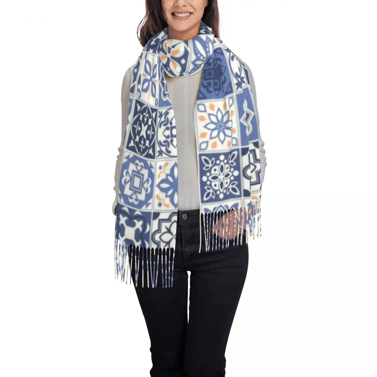 Luxury Blue Portuguese Tile Tassel Scarf Women Winter Warm Shawls Wraps Ladies Portugal Azulejo Flower Scarves