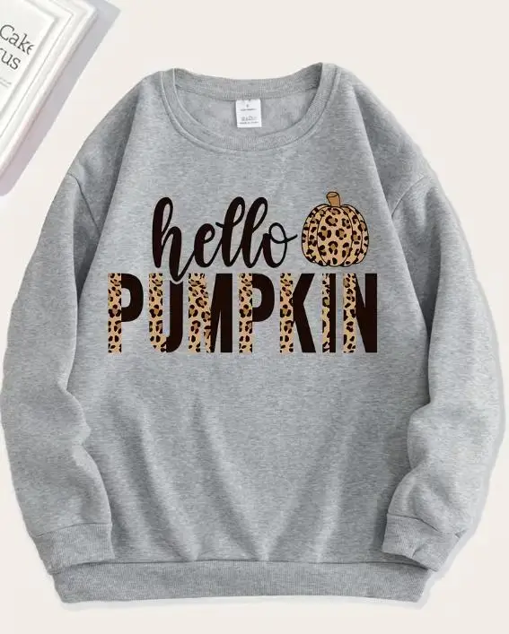 Back to School Tops for Women Hello Pumpkin Graphic Sweatshirt Campus Casual Style Crew Neck Long Sleeve Pullover Leopard Pumpkin Print Fall Daily Tops