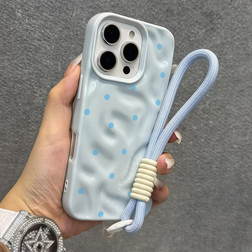 Blaue Polka-Dots-Silikon-Handyhülle mit Faltenoptik für iPhone 17 15 13 11 12 14 16 17 Pro Max 14 15 16 Plus 17Air mit Lanyard-Abdeckung – Detail 5