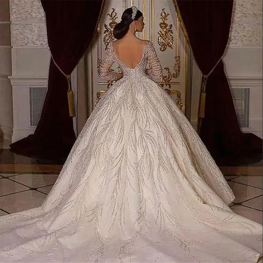 Customized Luxury Princess Wedding Dresses Crystals Beaded Bridal Dress Illusion Tulle Long Sleeves Sparkly Vestido de noiva image 2