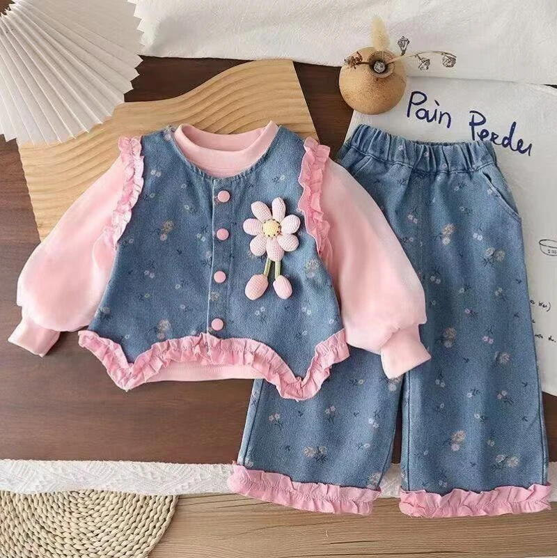 Girls Suit 2026 Spring And Autumn New Childrens Clothes Girls Baby Printed Denim Top Bottom Shirt Wide Leg Pants Three Sets