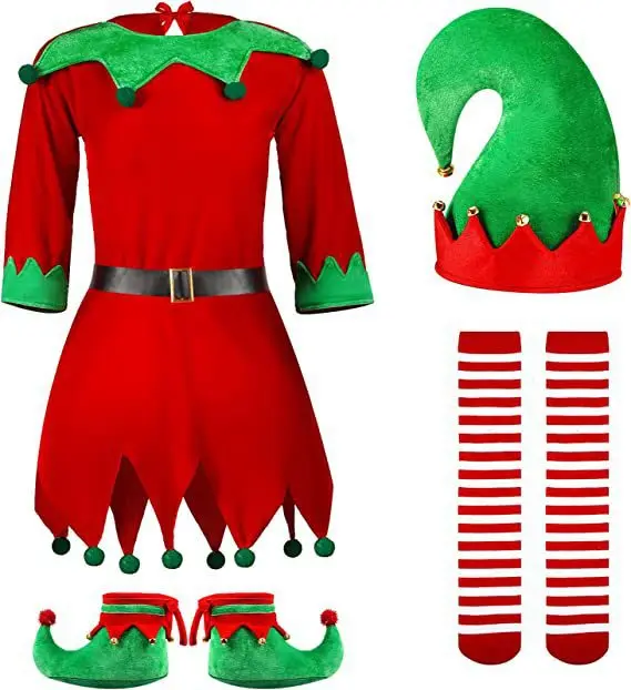 Christmas Santa Claus Elf Cosplay Costume for Girls Red Green Dresses Xmas Party Clothes Hat Socks Shoes