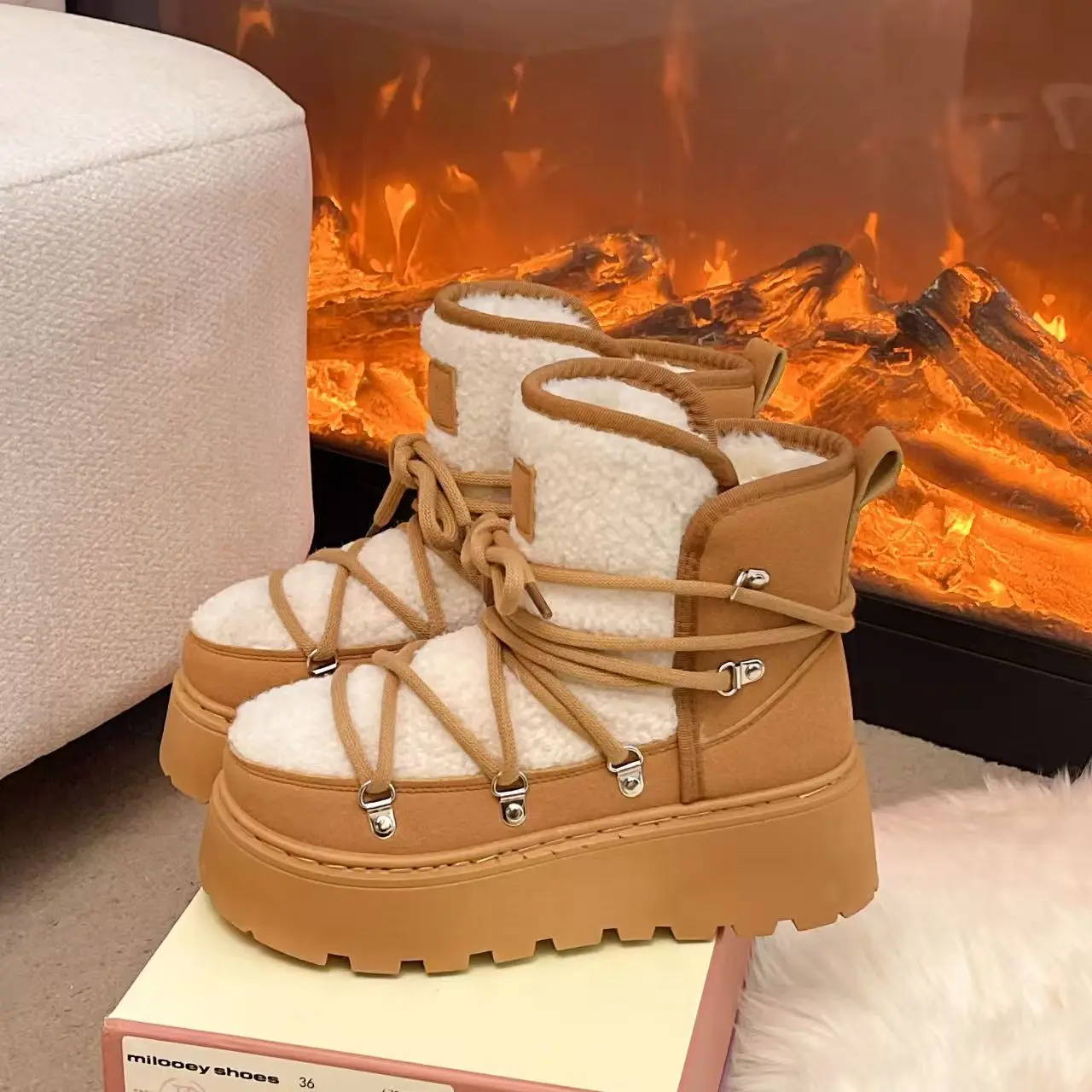 Platform Fleece Snow Boots Women's 2025 Winter New Slip-on Fur All-in-One Lace Warm Booties