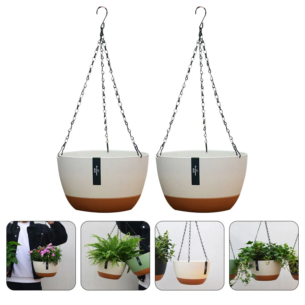

2 Sets Hanging Basket Flower Pot Indoor White Metal Hangers Resin Wall Mounted Self Watering Planter Balcony Garden Decor