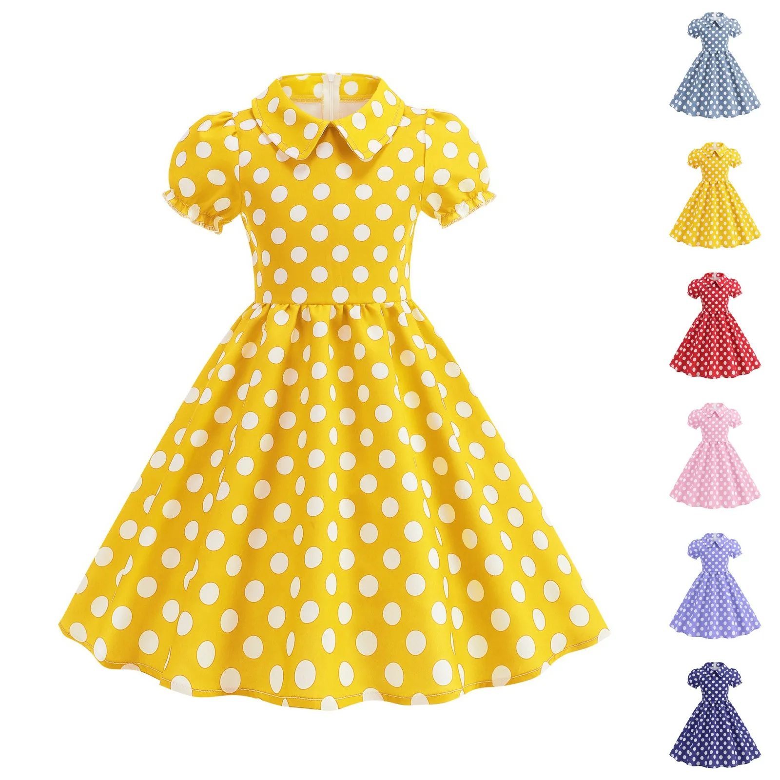 2025 Children Little Girl Vintage Summer Short Dress Turn Down Collar Polka Dot Print Cotton Princess Cocktail Dresses 1950s 60s