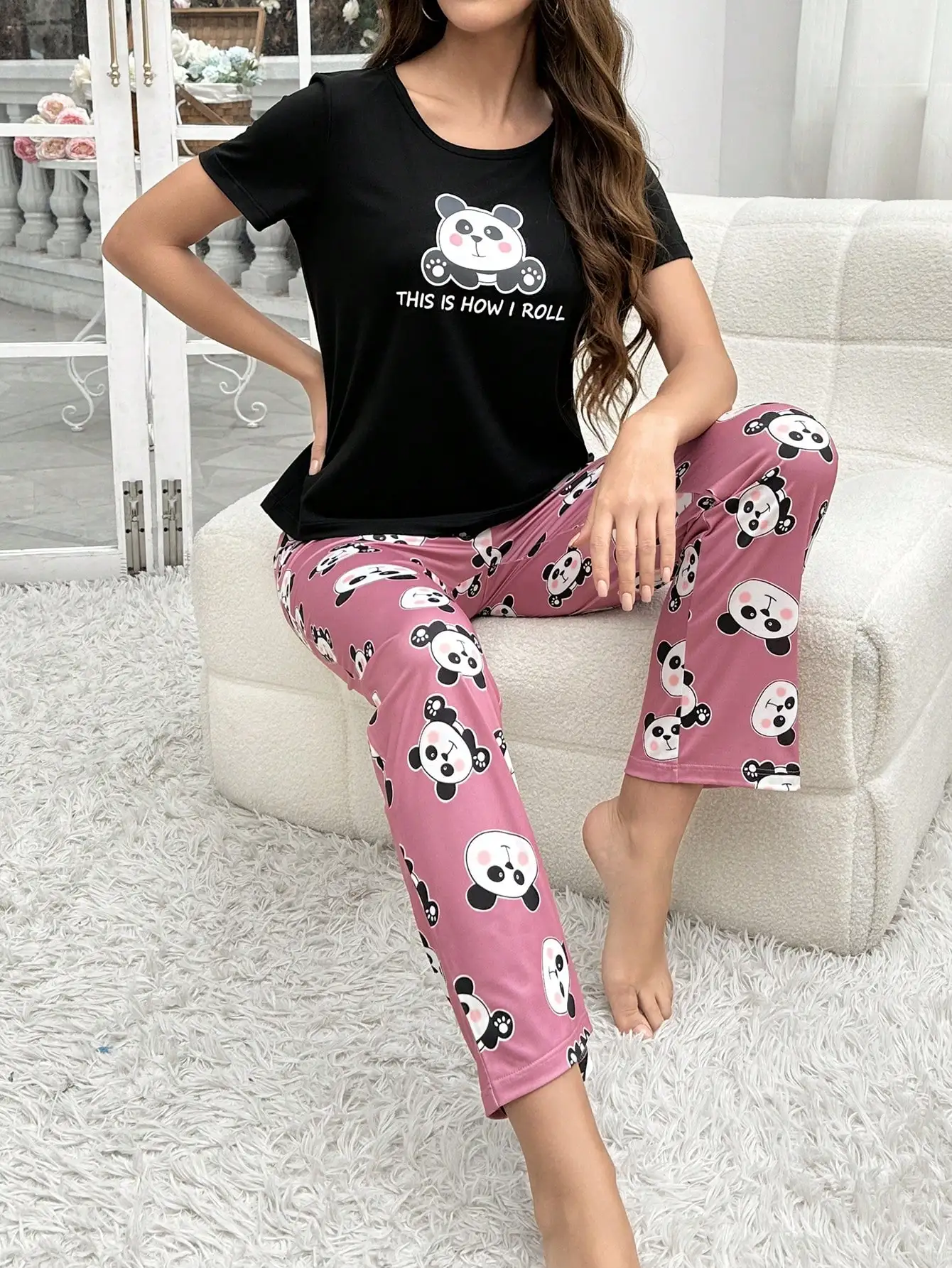 2-teiliges Damen-Pyjama-Set mit kurzärmeligen Hosen mit Animal-Print – Detail 3