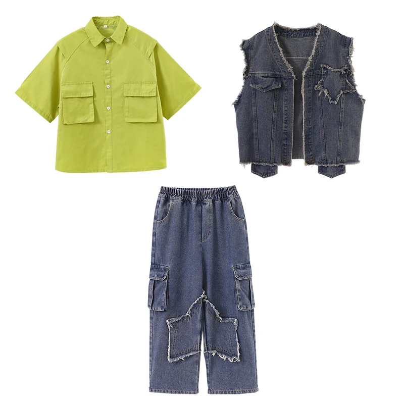 Chaleco de mezclilla de Hip Hop para niñas, camisa de bolsillo, pantalones vaqueros para niños, ropa de calle de Jazz, pantalones de mezclilla holgados, ropa para niños, trajes de muestra para niños