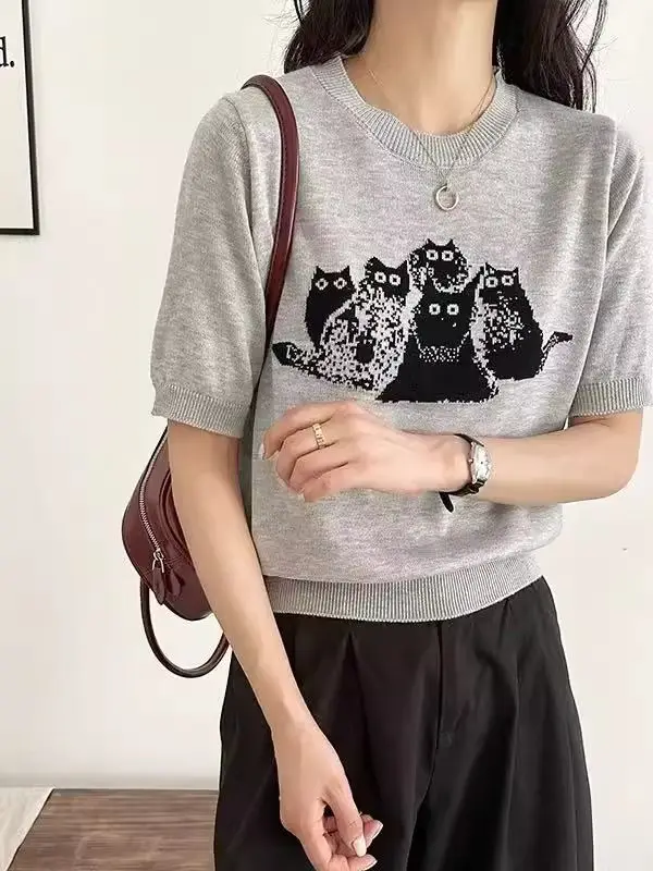 

Women's Clothing Unique Large Size T-shirts Summer Little Cat Sweet Short Sleeve Knit Loose Tee Lady O-neck Fashion Pullover Top