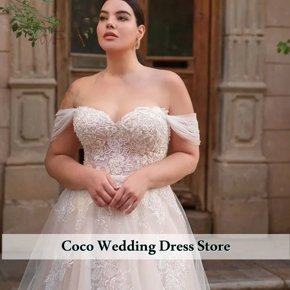 Robe De mariée trapèze personnalisée, épaules dénudées, col en cœur, avec des Appliques en Tulle