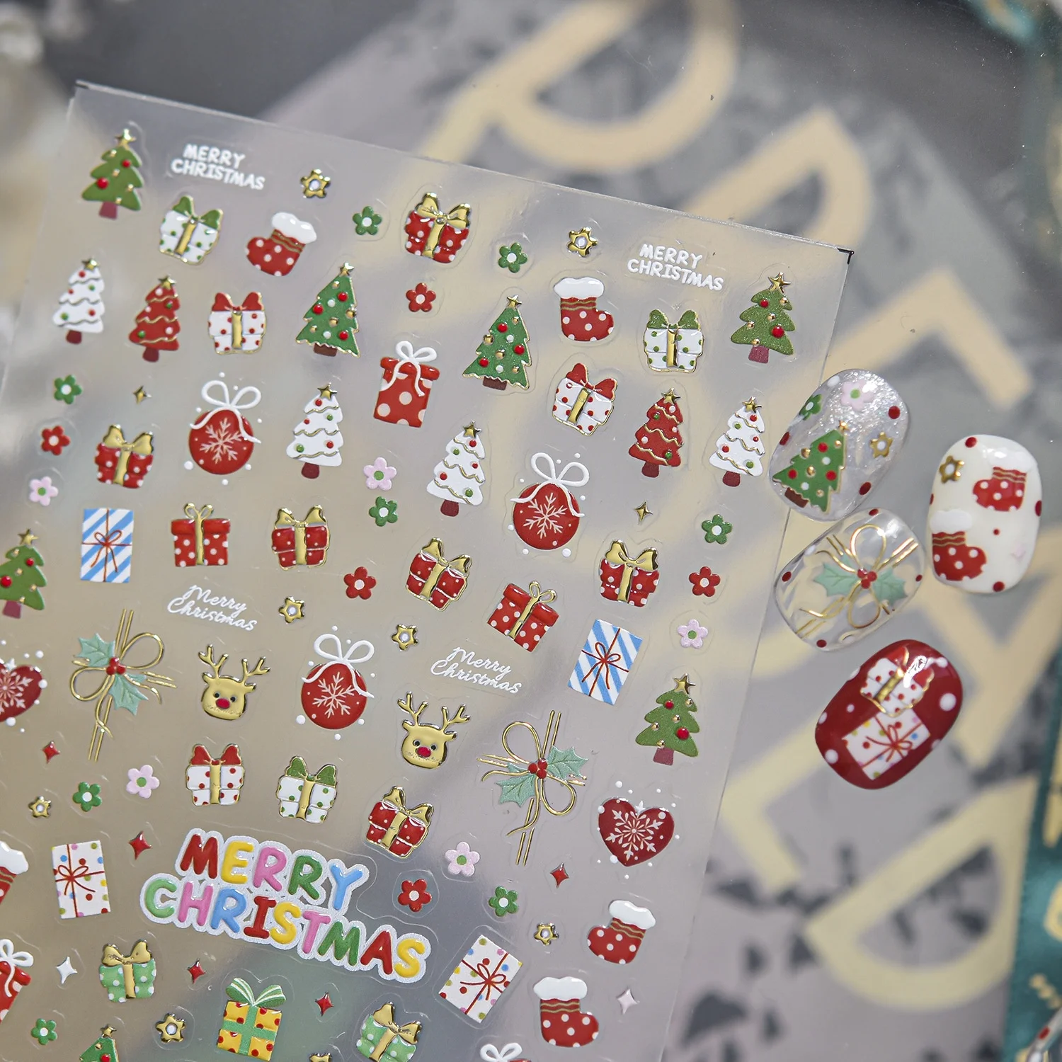 5D New Year Red Sliced Apple Bow and Star Nail Art Stickers Self Adhesive Nail Decorations Cute Fruit Decals Manicure for Women