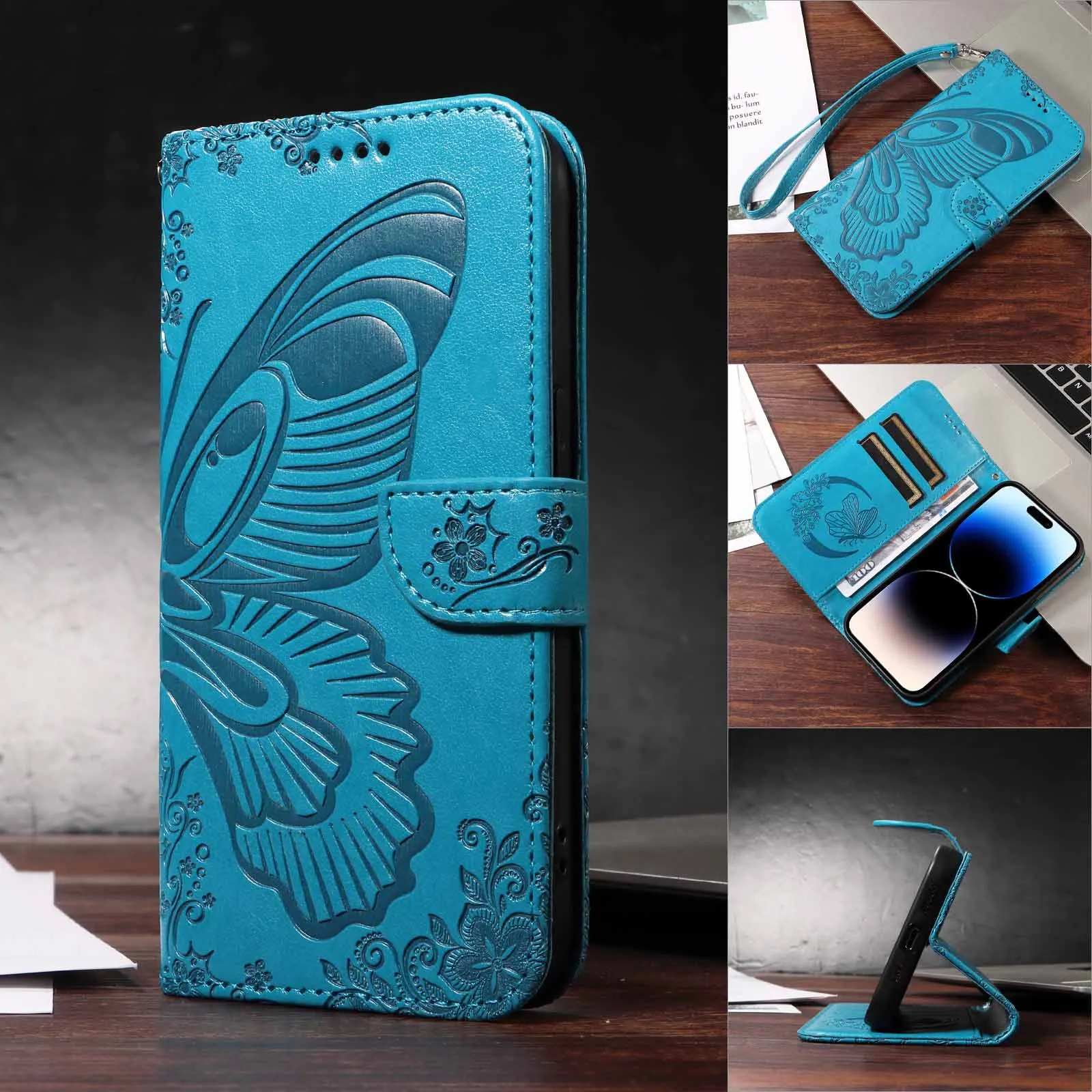 Funda con tapa de mariposa para Samsung Galaxy Wide 6 5 A Quantum 4 Buddy 3 Jean 2 Jump 5G, cordón de cuero de lujo, funda tipo billetera para 2 tarjetas