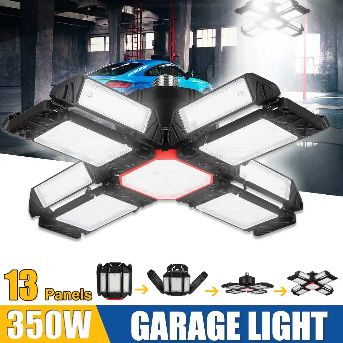 350W New LED Garage Light 13 Pannel Foldable Industrial Lamp E27 Deformable Workshop Warehouse Ceiling Light 6500K 85-265V