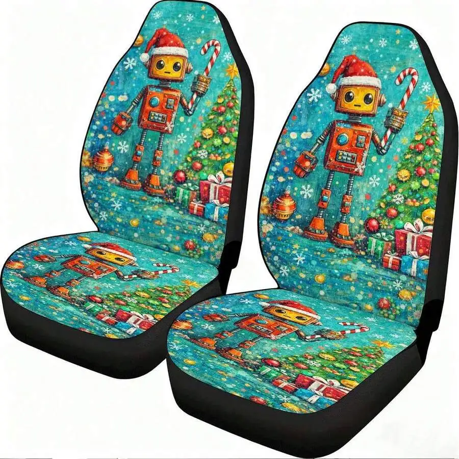 1pcSet Of  Christmas-Themed Robot Car Seat Covers Featuring Candy Cane Design, Ideal For Front Seats. Made From Polyester,