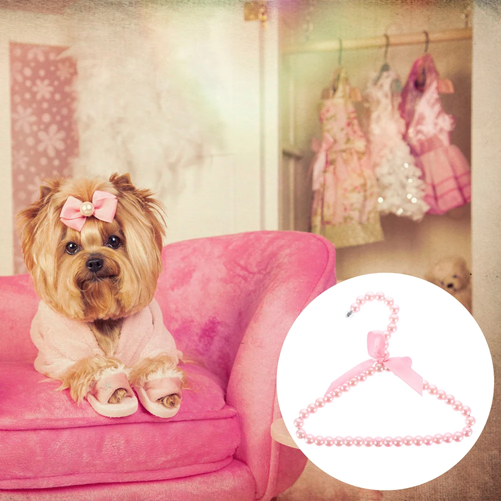 

2pcs Pet Clothes Hanger Lightweight Durable Plastic Metal Dog Garment Rack Decorative Pearl Bow Storage Supplies