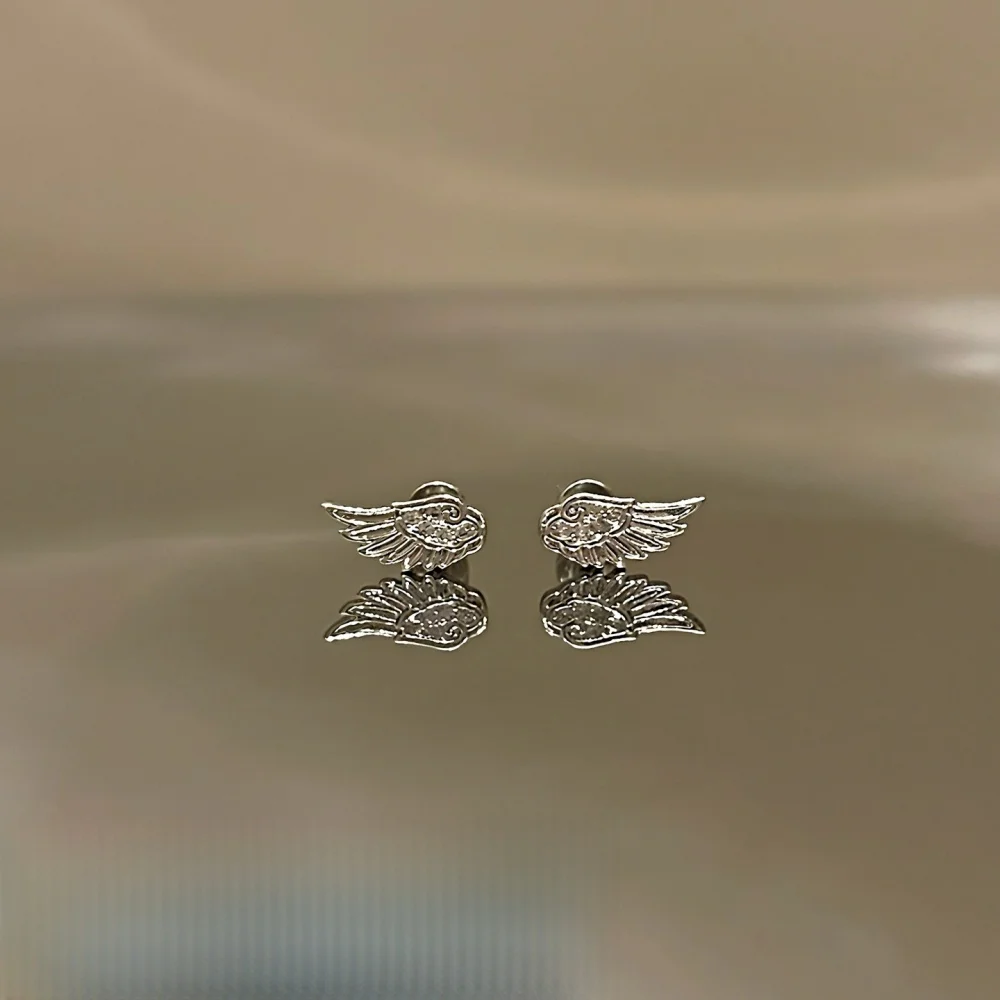 Edelstahl Mode Zirkon Flügel Ohrstecker für Frauen Männer Silberfarben Glänzende Kristall Kreative Engelsflügel Ohrstecker Schmuck – Detail 5