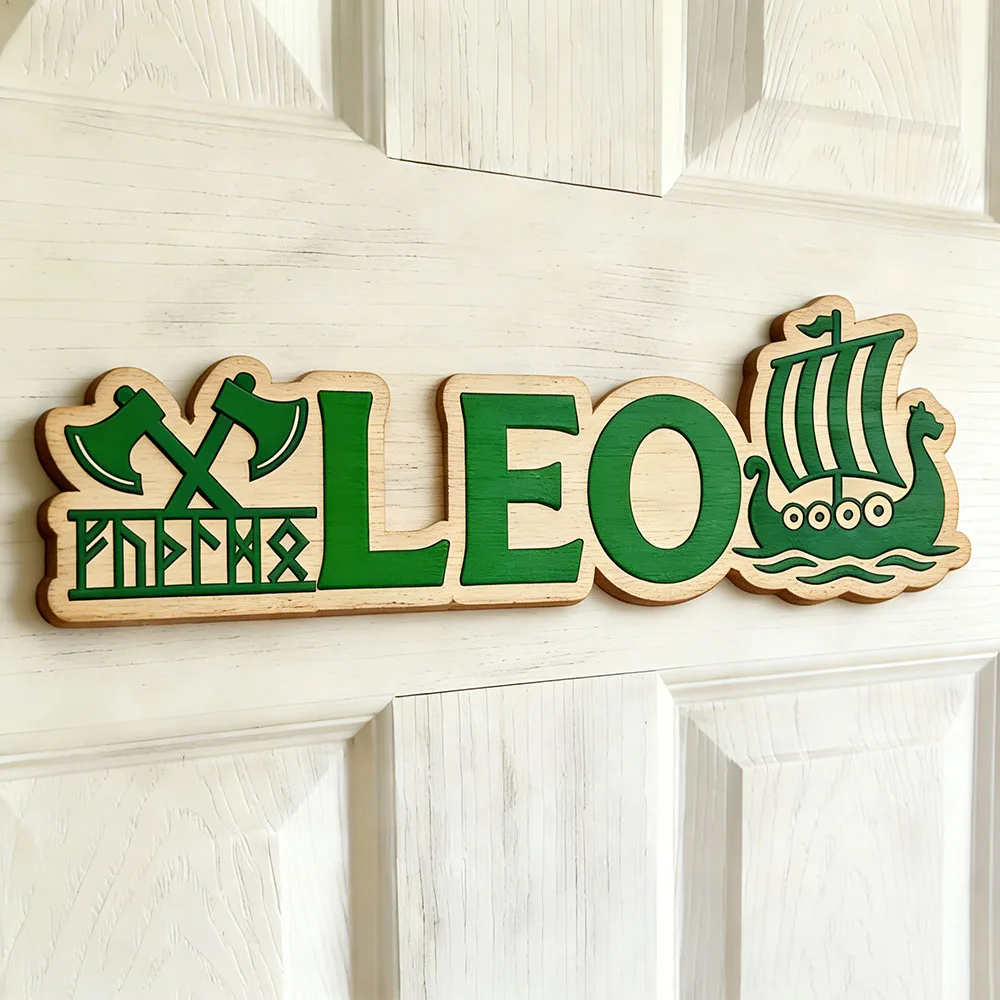Personalized Viking Name Sign, Norse Longship & Axe Wooden Nursery Decor, Cute Kids Door Plaque, Unique Gift