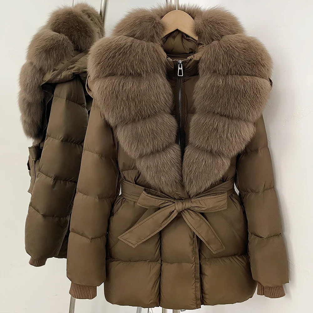 OFTBUY Große Jacke mit Kapuze und natürlichem Pelzkragen, mit echtem Fell, dicker Gürtel, Reißverschluss, Daunenjacke, Damen-Wintermantel – Detail 30