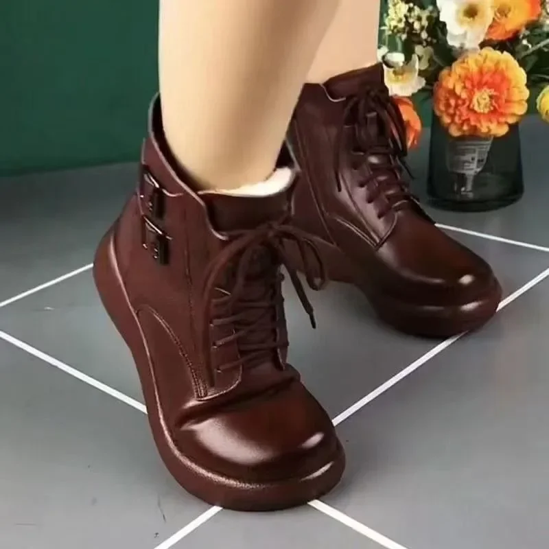 Retro Black/Brown Snow Boots Autumn/winter Platform Women Cotton Shoe Round Toe Side Zipper Lace-up Comfor Short Boot Botas