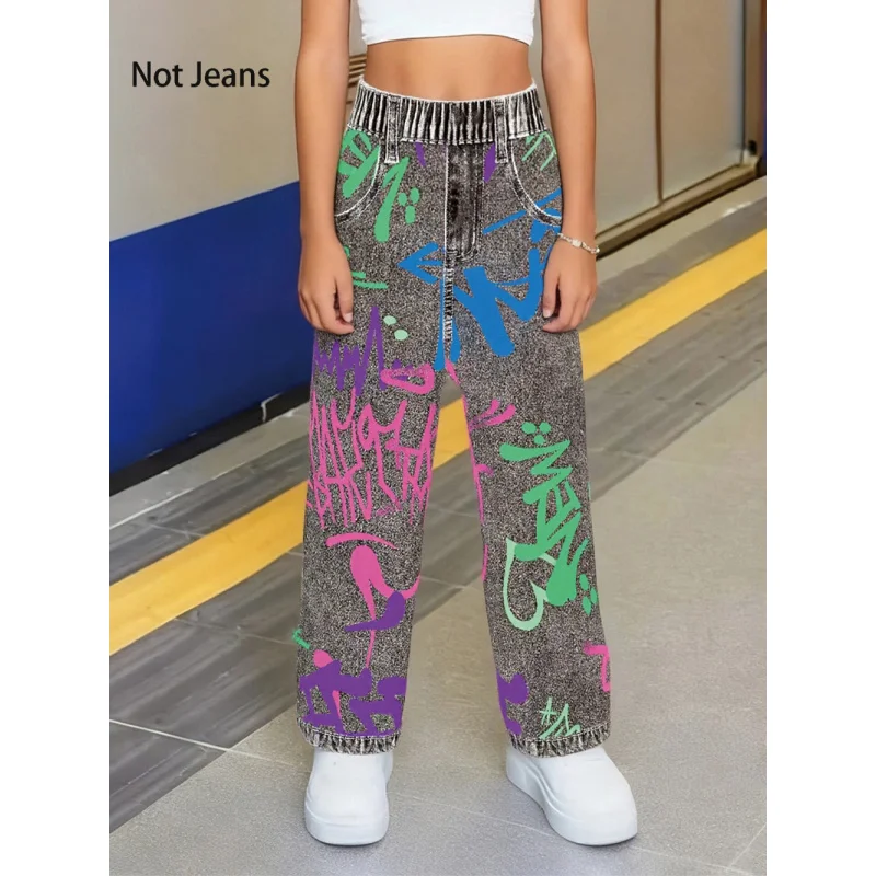 

2025 Hot Sale: Girls' Graffiti - Printed Loose Pants with Elastic Waist, Fashion Street - Style Wide - Leg Imitation Denim Pants