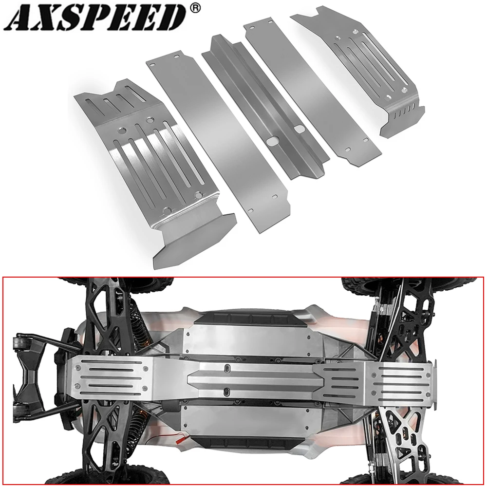 AXSPEED Stainless Steel Chassis Armor Skid Plate Guard Protect Set for 1/5 X-MAXX Xmaxx RC Buggy Truck Upgrade Accessories