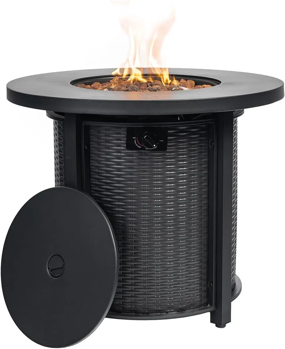 

30'' Round Gas Fire Pit, 50,000 BTU Steel Outdoor Fire Tables, Fire Table with Lid, Add Warmth & Ambience Black