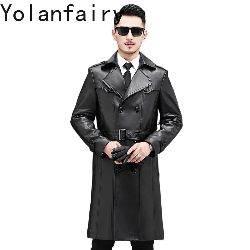 

YOLANFAIRY Genuine Leather Cowhide Mens Jacket Autumn Fashion Long Coat Men Belt Trench Slim Fit Coats Black Gabardina Hombre