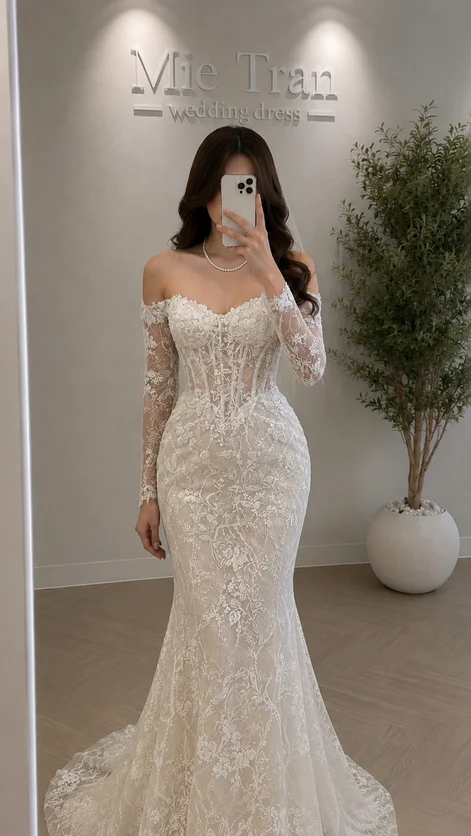 Image of LumiGown Schulterfreies Meerjungfrauen-Brautkleid mit abnehmbaren langen Spitzenärmeln, Korsett-Oberteil, Brautkleid in individueller Farbe und Größe.