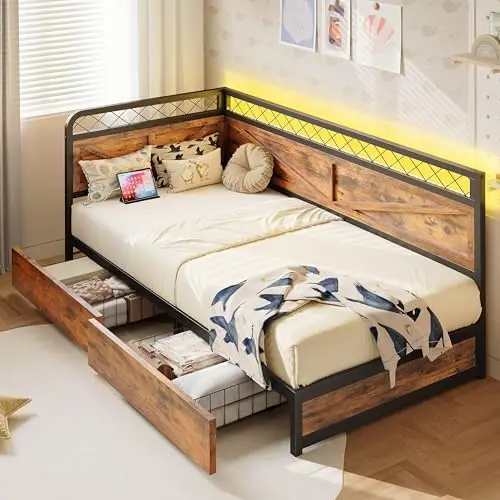 Corner Bed Frame Twin XL DayBed with Storage Drawers, Brown | LED Lights, Charging Station, No Box Spring Needed, Heavy