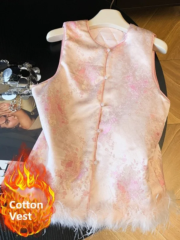 

Новый китайский женский жилет со страусиными перьями и вышивкой, зимний новый свободный хлопковый теплый топ с подплечниками, верхняя одежда