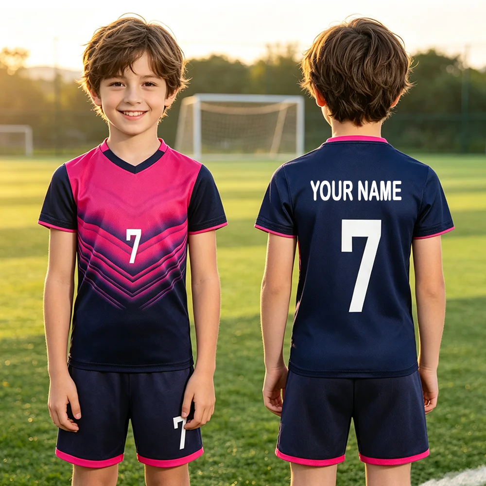 Set Football Jersey Kids Rose Red Soccer Training Game Uniforms Custom Name Number Breathable Quick-dry  Size 3-13Years