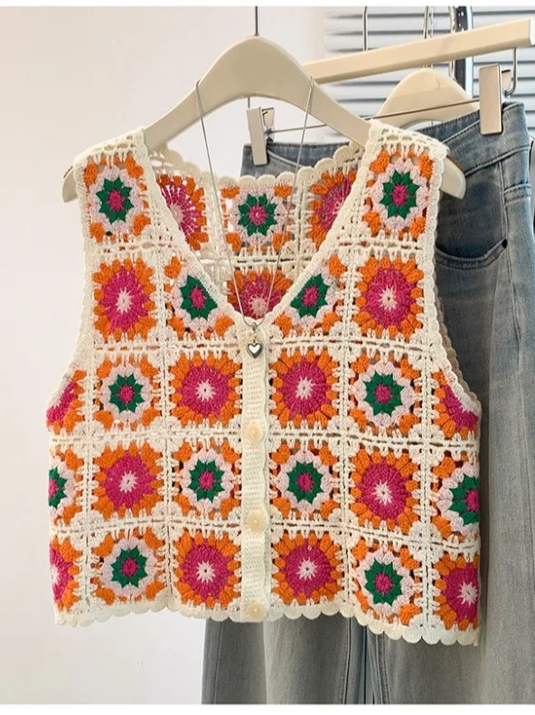 Women's Vintage Hollow out Knitted Vest Loose Fit V-Neck Open Cardigan Top City Commute Cotton Sleeveless Summer Fashion