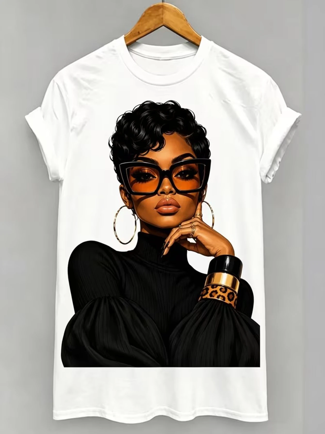 Women's Fashion Black Printed Short-sleeved T-shirt, Casual Crew Neck Top, Summer Daily Wear