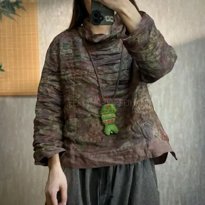 2026 Spring Autumn Arts Style Women Long Sleeve Turtleneck Loose Tshirt Vintage Print Double-deck Ramie Tee Shirt Femme Tops