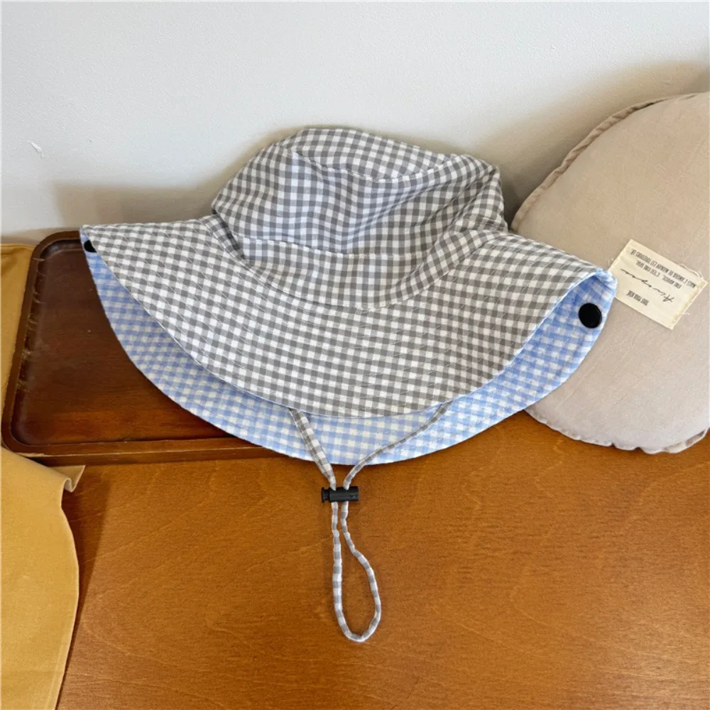 

Drawstring Boys Girls Bucket Cap Double Sided Anti-UV Children Fisherman Hat Lattice Casual Baby Sun Hat Mountaineering Cap