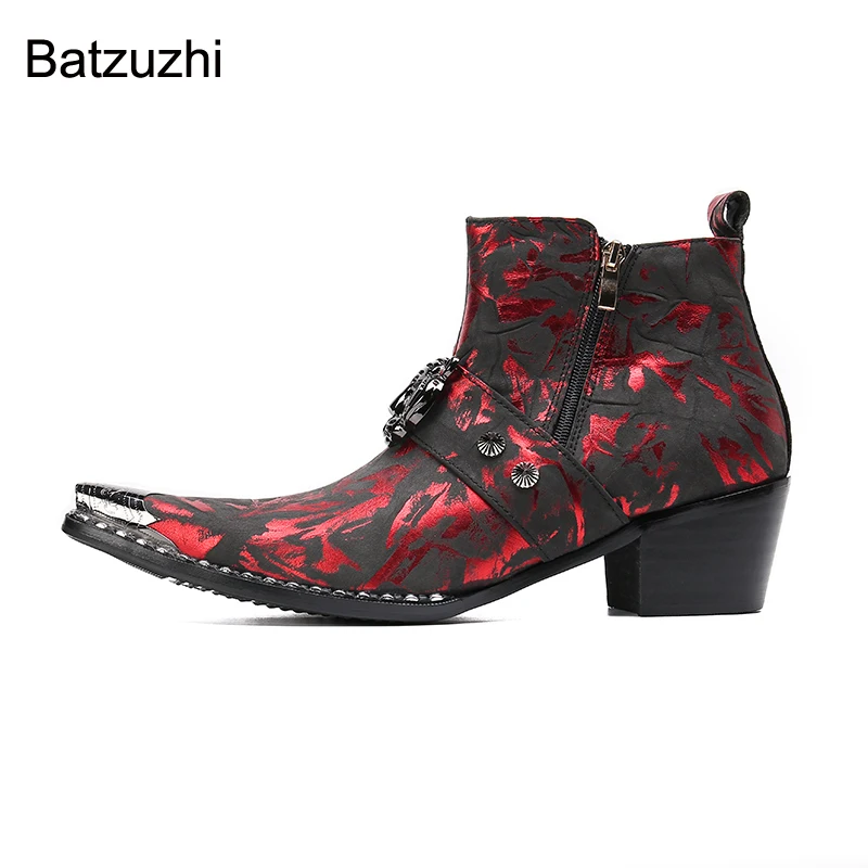 Batzuzhi Fashion Rock Men's Shoes Silver Toe Black Red Designer's Leather Ankle Boots for Men Party, Wedding Botas Hombre