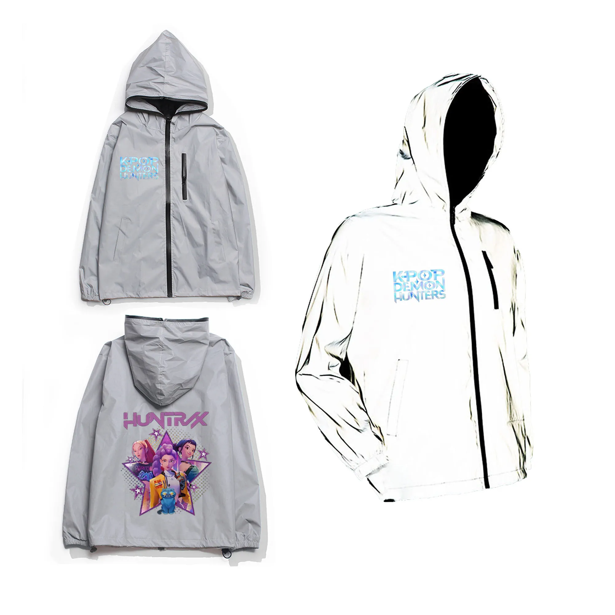 

KPop Demon Hunters Reflective Jacket Mens Womens Coat Hooded Windbreaker Run Pocket Jackets Hiking Zipper Customized Hoodie
