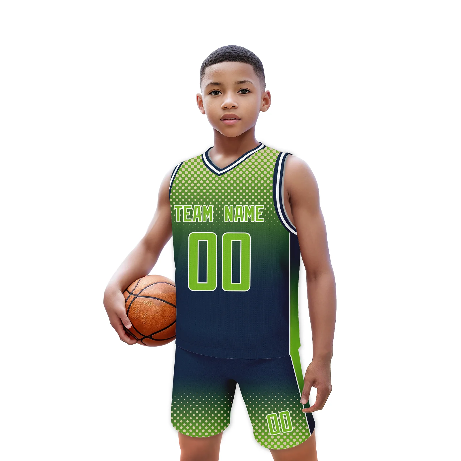 Custom Kid Basketball Jersey Set Navy Green Gradient Basketball Uniform Boys Girls Sport Fan Gift Printed Team Name Number