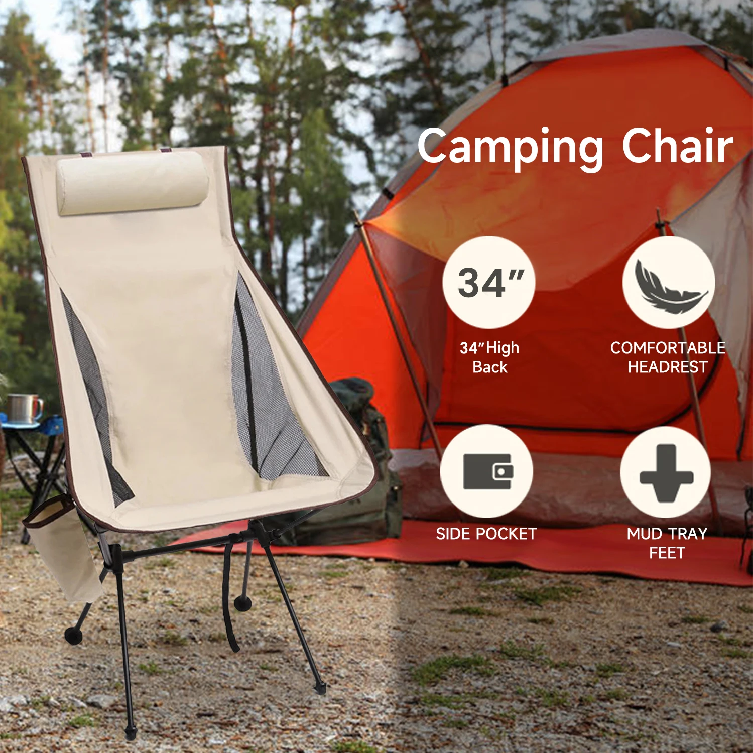 Chaise de camping pliable légère et portable en alliage d'aluminium et tissu cationique 600D, capacité de charge de 330 lb, chaise de pêche d'extérieur avec appui-tête