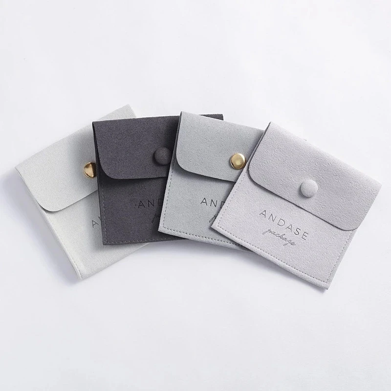 Wholesale 8x8cm Gray Custom Logo Ring Suede Necklace Packaging Bag Microfiber Jewelry Pouches with Snap Button Flap Bags