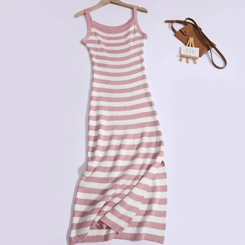 2024 New Summer Sexy Contrast Color Striped Clavicle Dress with Slip Tight Waist Slim Split Knitted Long Dress Women