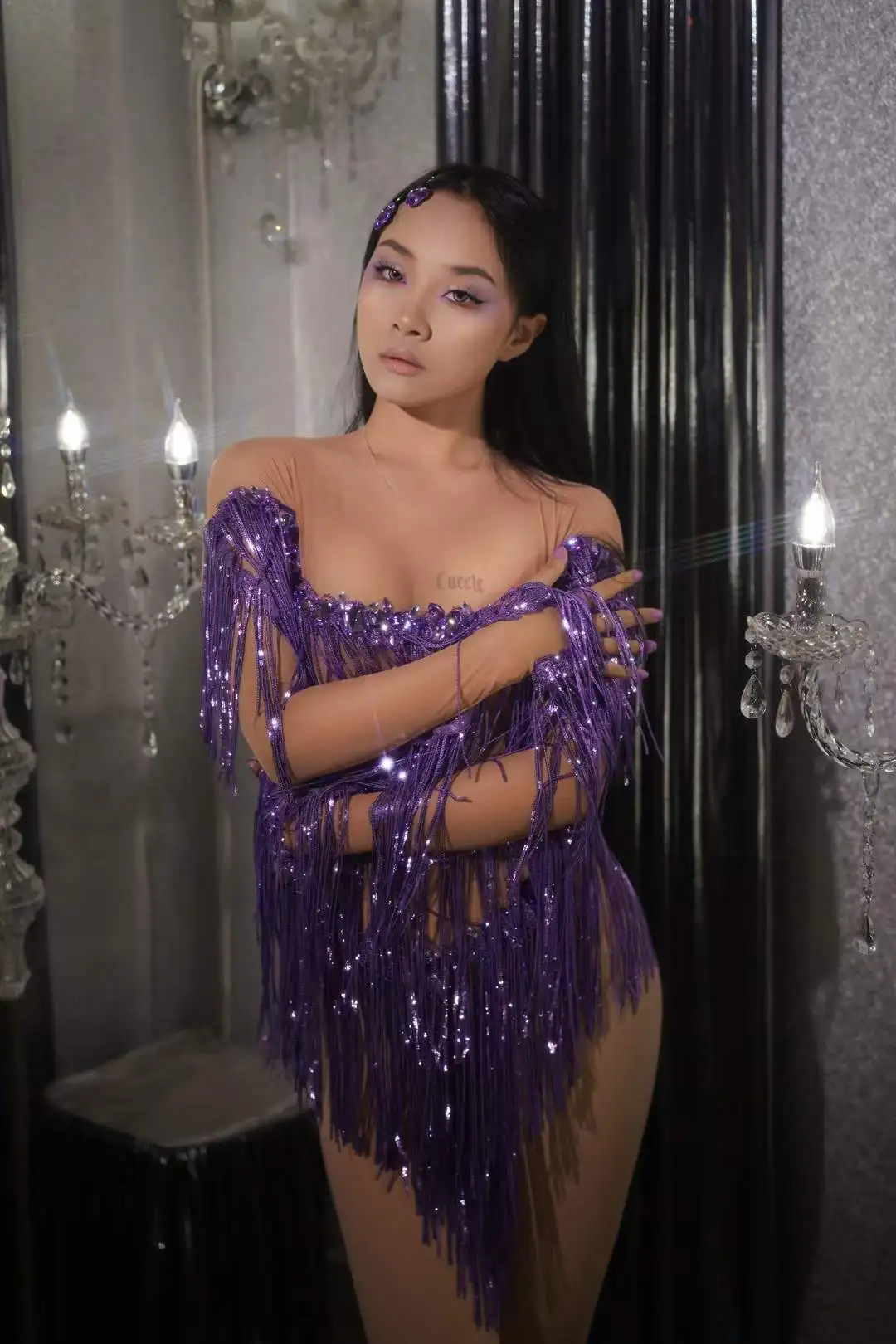 

Purple Sparkly Rhinestone Sexy Jumpsuits Women Birthday Party Outfit Stage Wear Drag Queen Gogo Oriental Futuristic Style