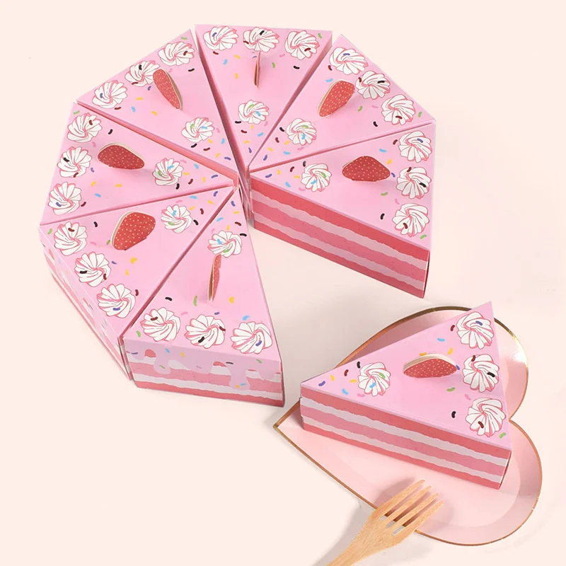 8pcs New Gift Candy Box Packaging Wedding Party Favourite Triangle Cake Shaped Bridal Shower Pink Birthday Paper Treat Bags