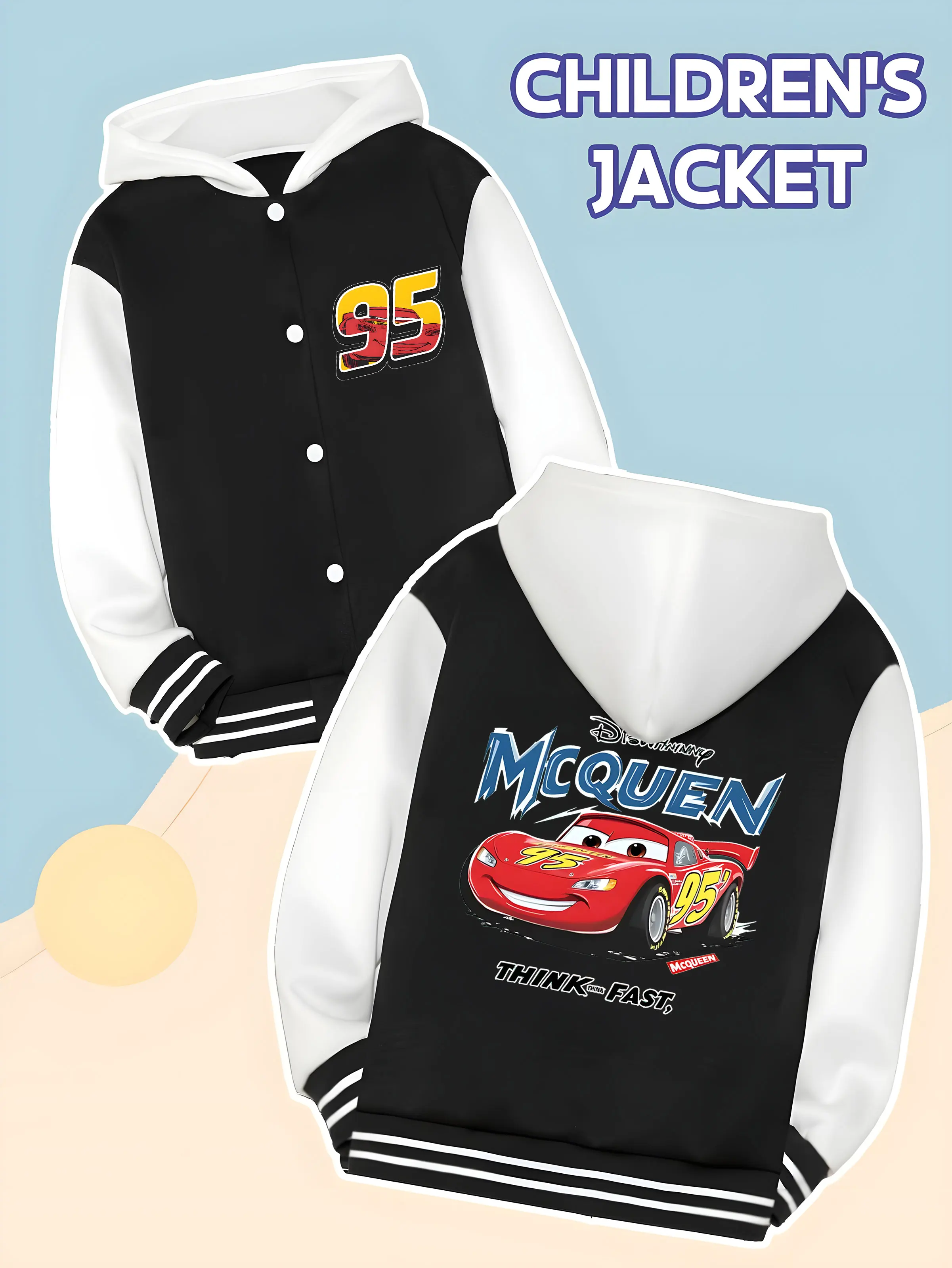 

MINISO Disney Cars McQueen "Thinking Fast" Baseball Jacket for Toddler Boys - McQueen "THINK FAST" Print, Durable