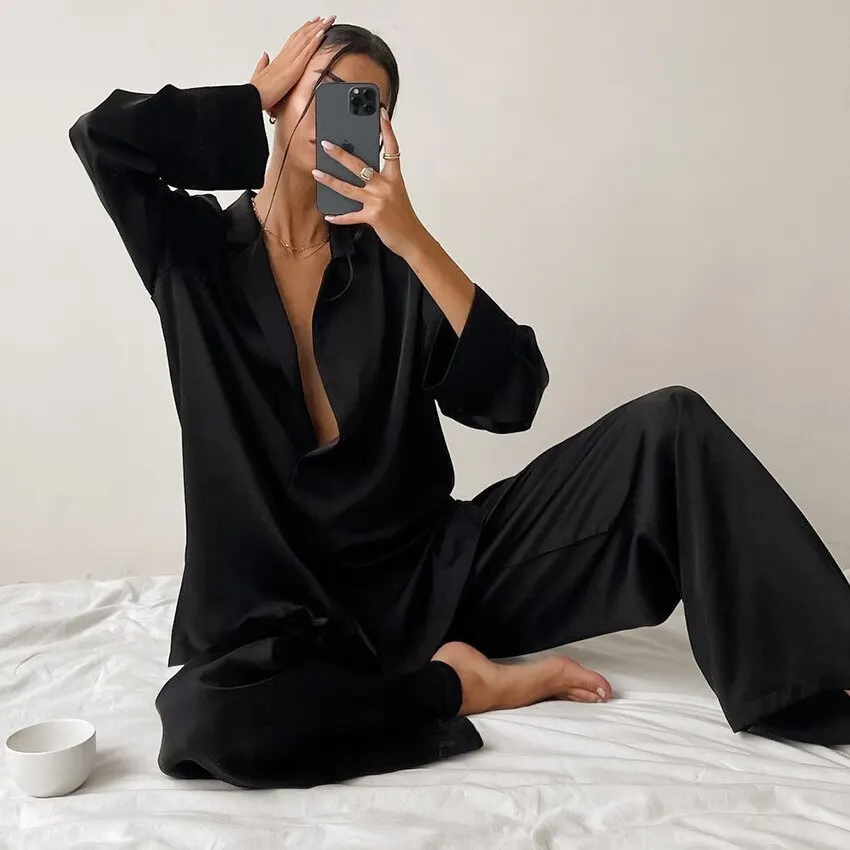 Women Silk Pajamas Lce Silk Loose Low Cut Sexy Single Breasted Long Sleeved Wide Leg Pants Can Be Worn Externally