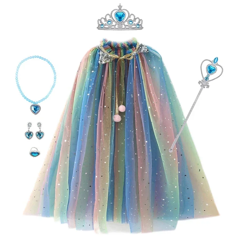 Girl Princess Costume Kids Party Accessories Cloak Crown Wand Necklace Earrings Rings Set Elsa Anna Rapunzel Aurora Tulle Cape G
