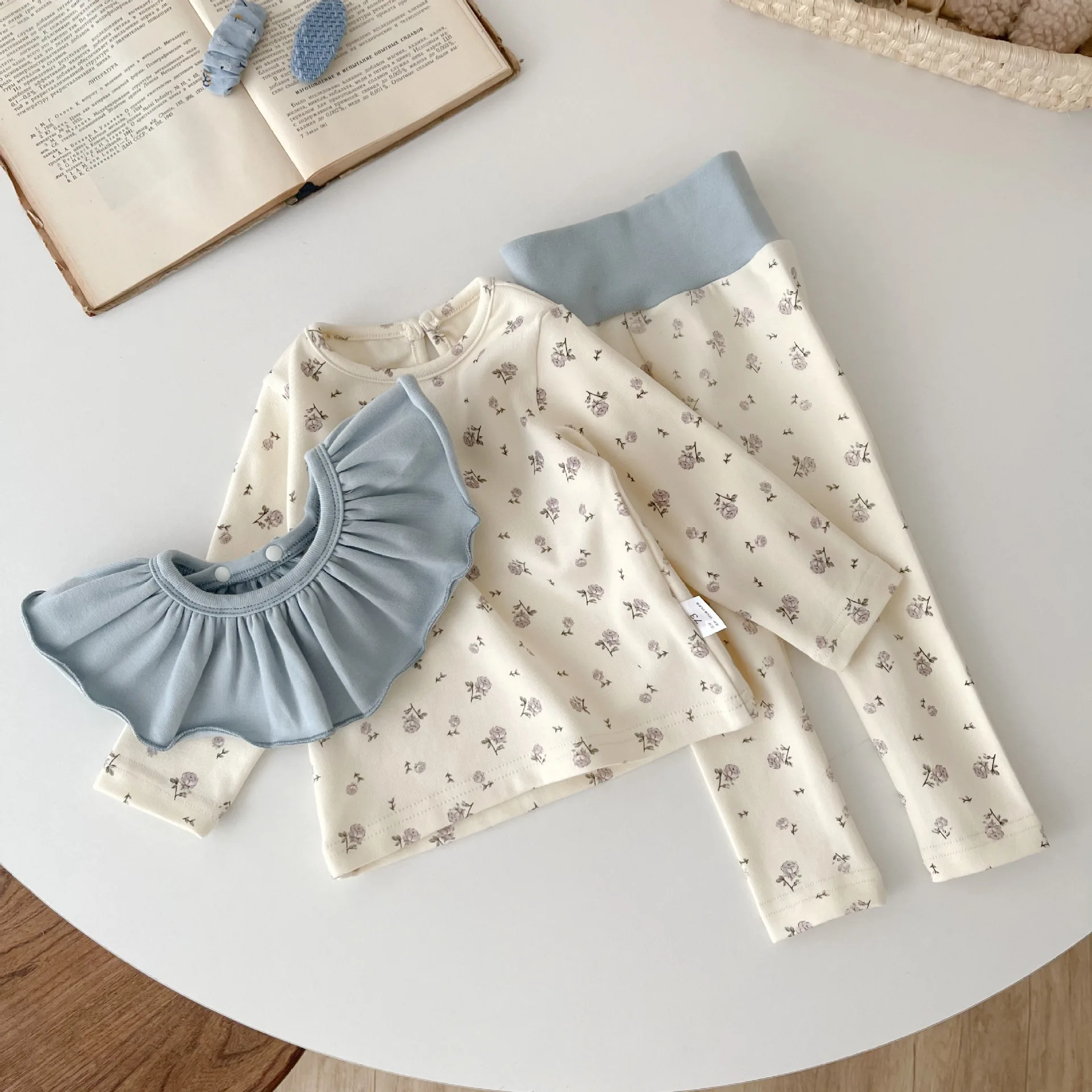 Baby Girl Boy Clothes Set Flower Print Top+Pant+Bib 3Pcs Infant Toddler Pajama Loungewear Child Sleepwear Kids Bodysuit 6M-5Y