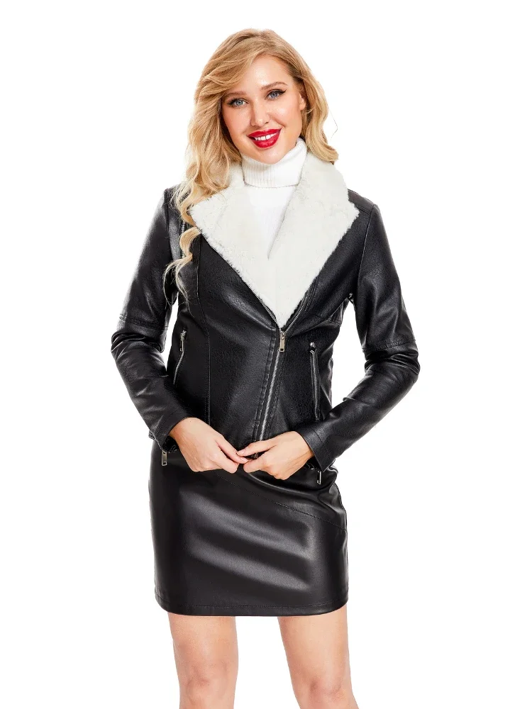 2024 Europe and American Autumn Winter New Faux Leather Coat Women Clothing Zipper Lapel Long-sleeved Warm Solid Casual Jacket