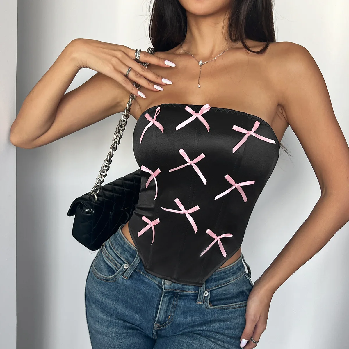 

Vintage Fishbone Bare Shoulder Crop Tops Bow Sexy Camisole Summer Women's Fashion Bustier Tank Top Bodyshaper Slim Fit Ins Vest